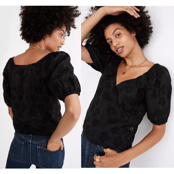 NEW Madewell Puff Short Sleeves Wrap Button Blouse Top in Floral Jacquard $92 S - Picture 9 of 11